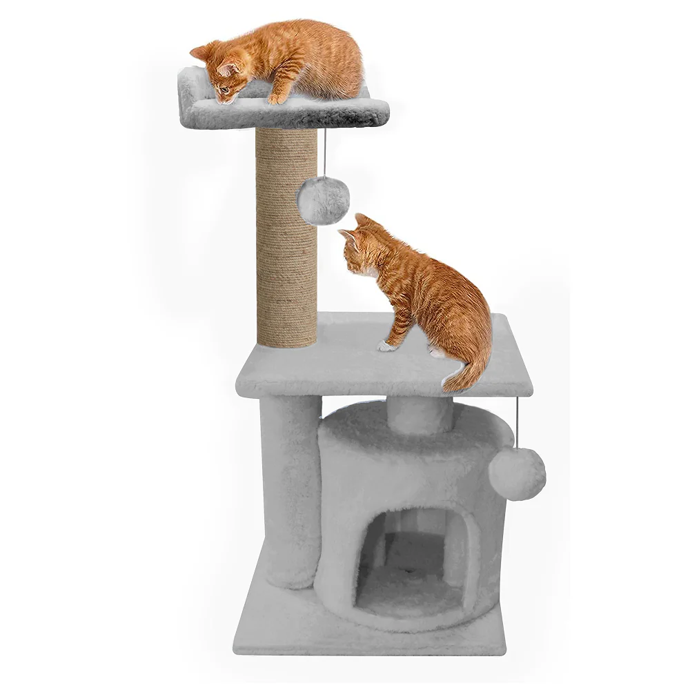 Furrlovers 2 Floor Soft Fur Scratching Post & Cat Tree with Natural Sisal Rope (Grey) - Image 2