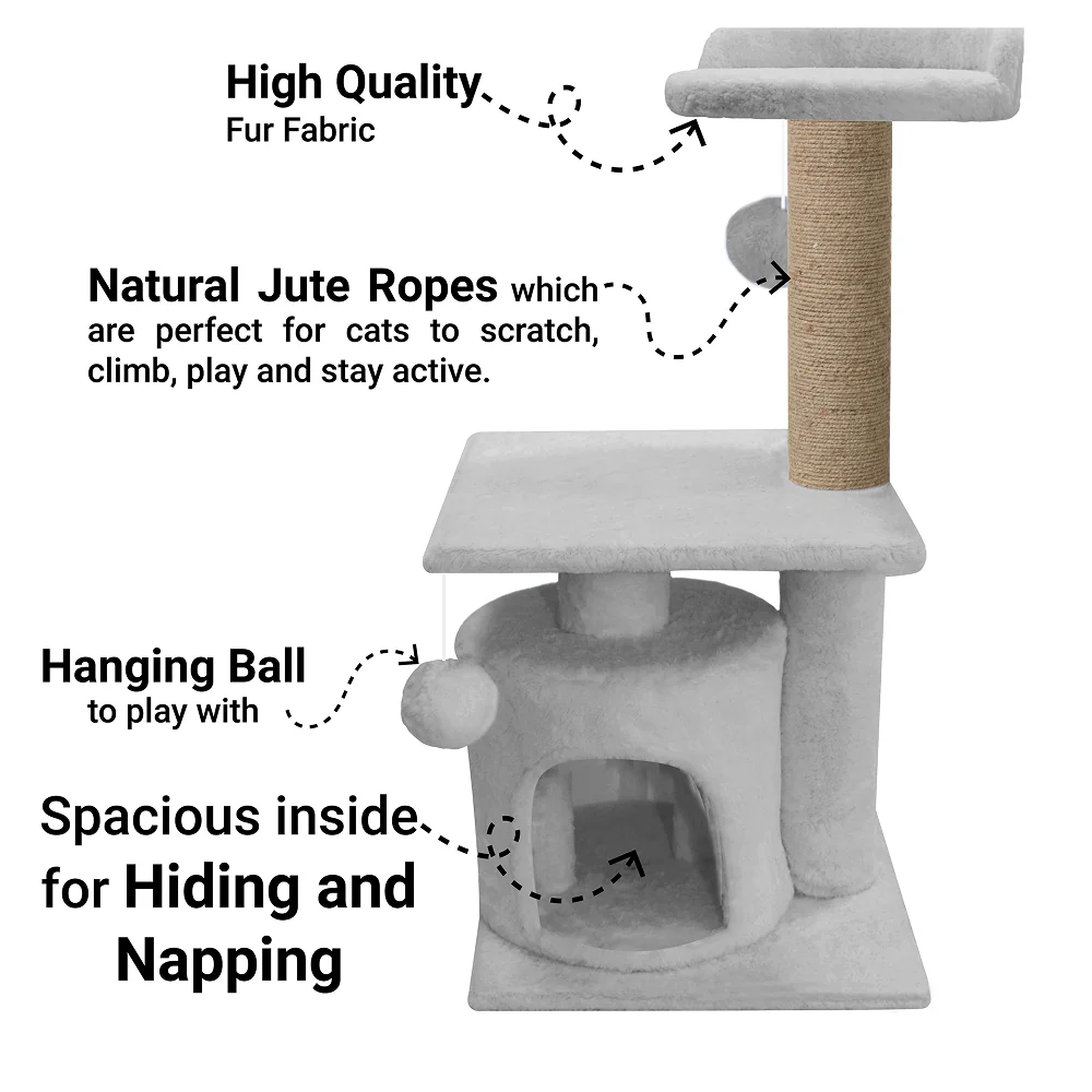 Furrlovers 2 Floor Soft Fur Scratching Post & Cat Tree with Natural Sisal Rope (Grey) - Image 3