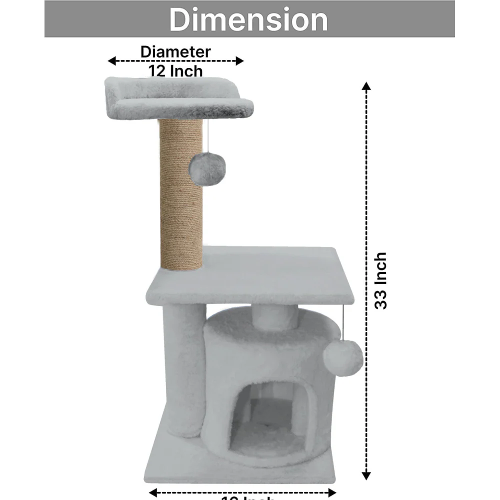 Furrlovers 2 Floor Soft Fur Scratching Post & Cat Tree with Natural Sisal Rope (Grey) - Image 4