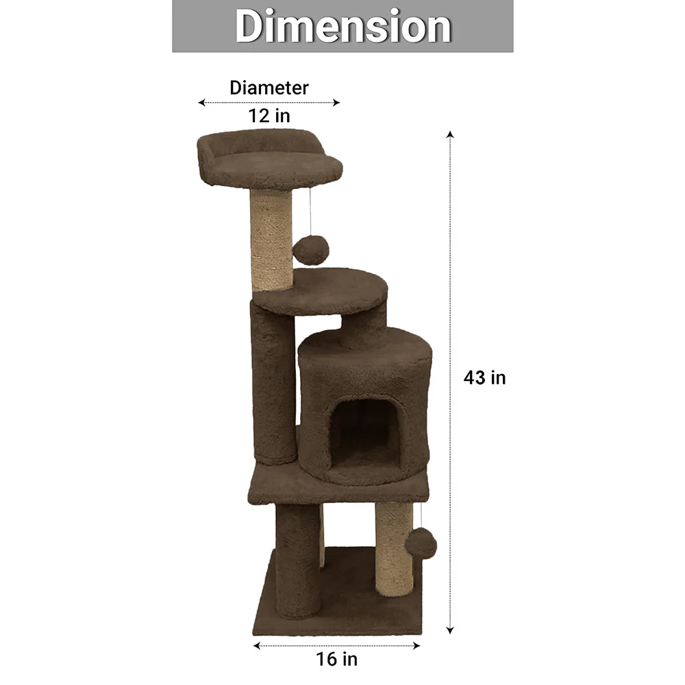 Furrlovers 3 Floor Soft Fur Scratching Post & Cat Tree with Natural Sisal Rope (Brown) - Image 4