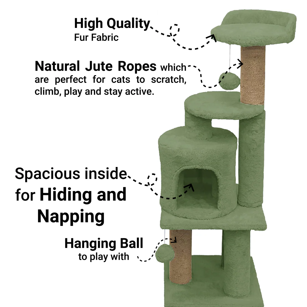 Furrlovers 3 Floor Soft Fur Scratching Post & Cat Tree with Natural Sisal Rope (Green) - Image 2