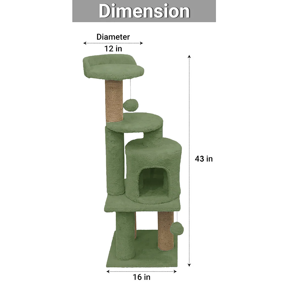Furrlovers 3 Floor Soft Fur Scratching Post & Cat Tree with Natural Sisal Rope (Green) - Image 3