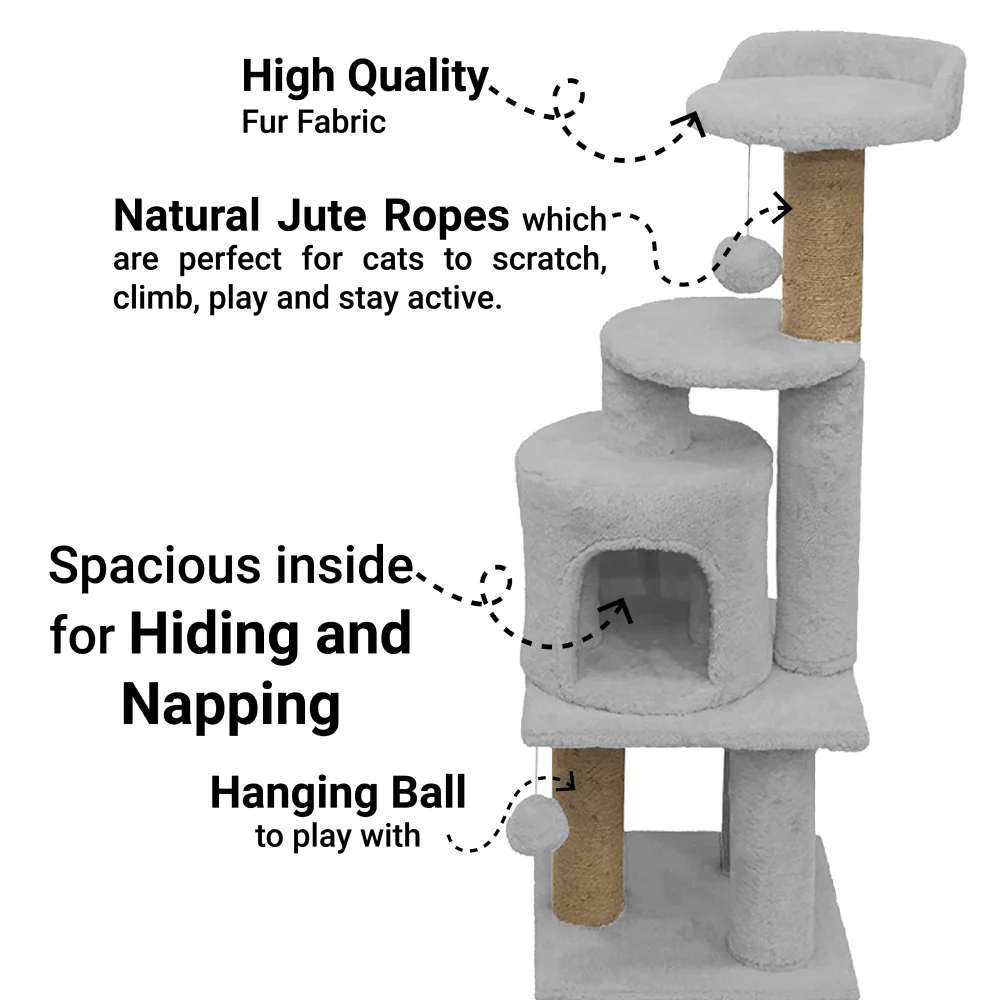 Furrlovers 3 Floor Soft Fur Scratching Post & Cat Tree with Natural Sisal Rope (Grey) - Image 2