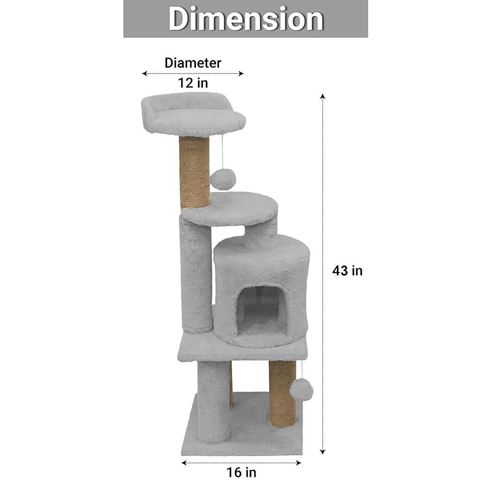 Furrlovers 3 Floor Soft Fur Scratching Post & Cat Tree with Natural Sisal Rope (Grey) - Image 3