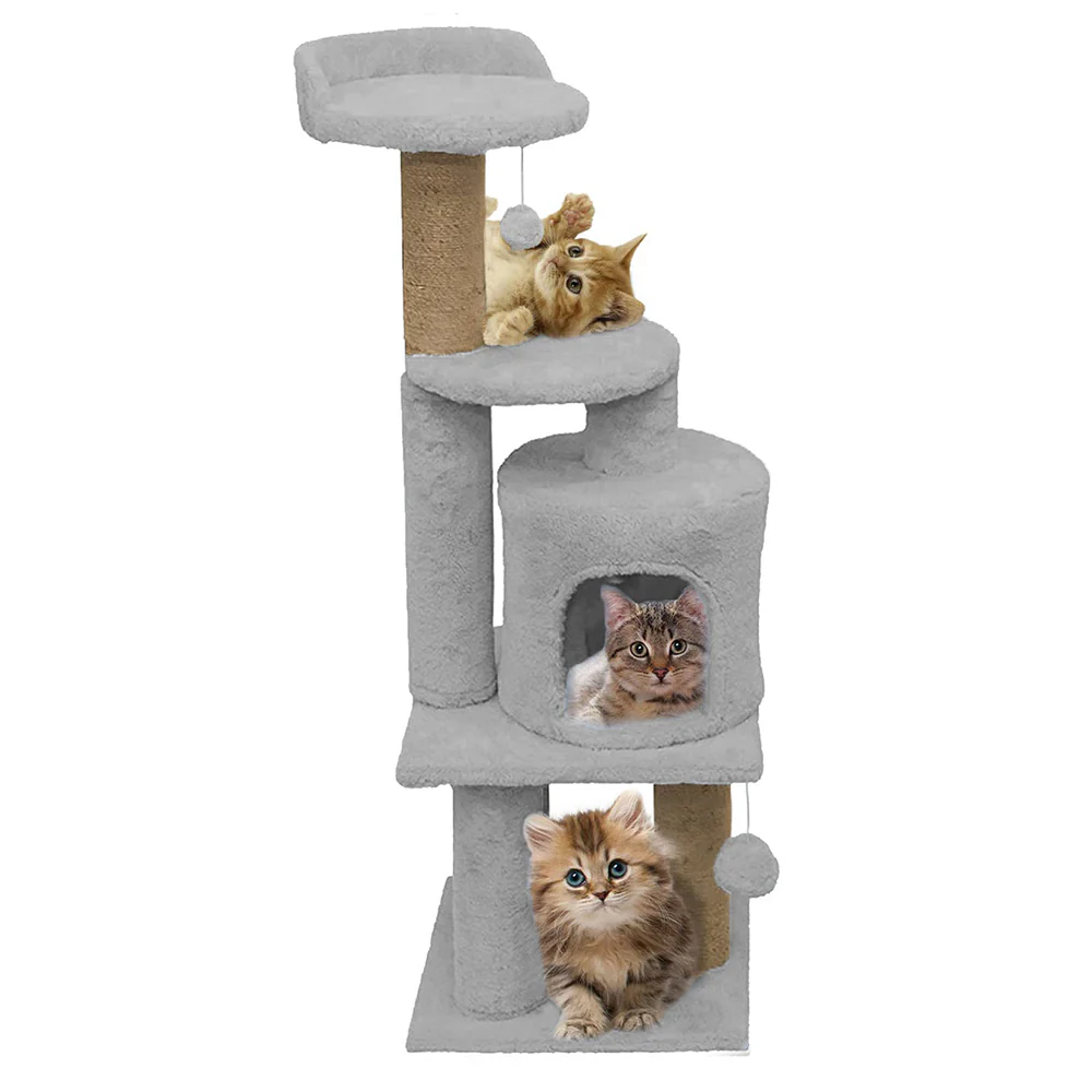Furrlovers 3 Floor Soft Fur Scratching Post & Cat Tree with Natural Sisal Rope (Grey) - Image 4