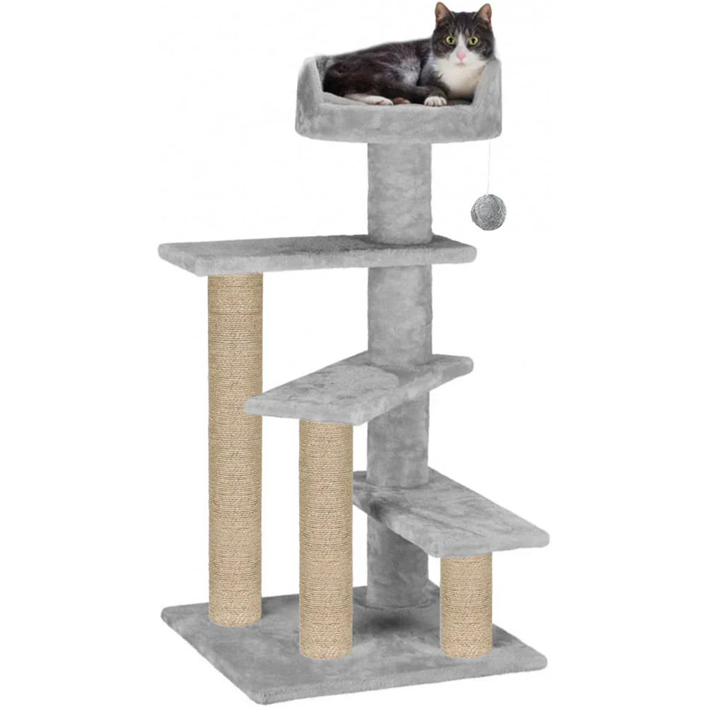 Furrlovers 3 Tier Stairs with Scratching Posts Cat Tree with Plush Bed (Grey) - Image 6