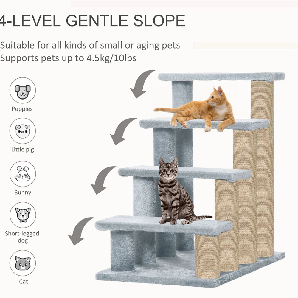 Furrlovers 4 Tier Stairs with Jute Scratching Posts and Plush Climbing Steps for Cats (Grey) - Image 3