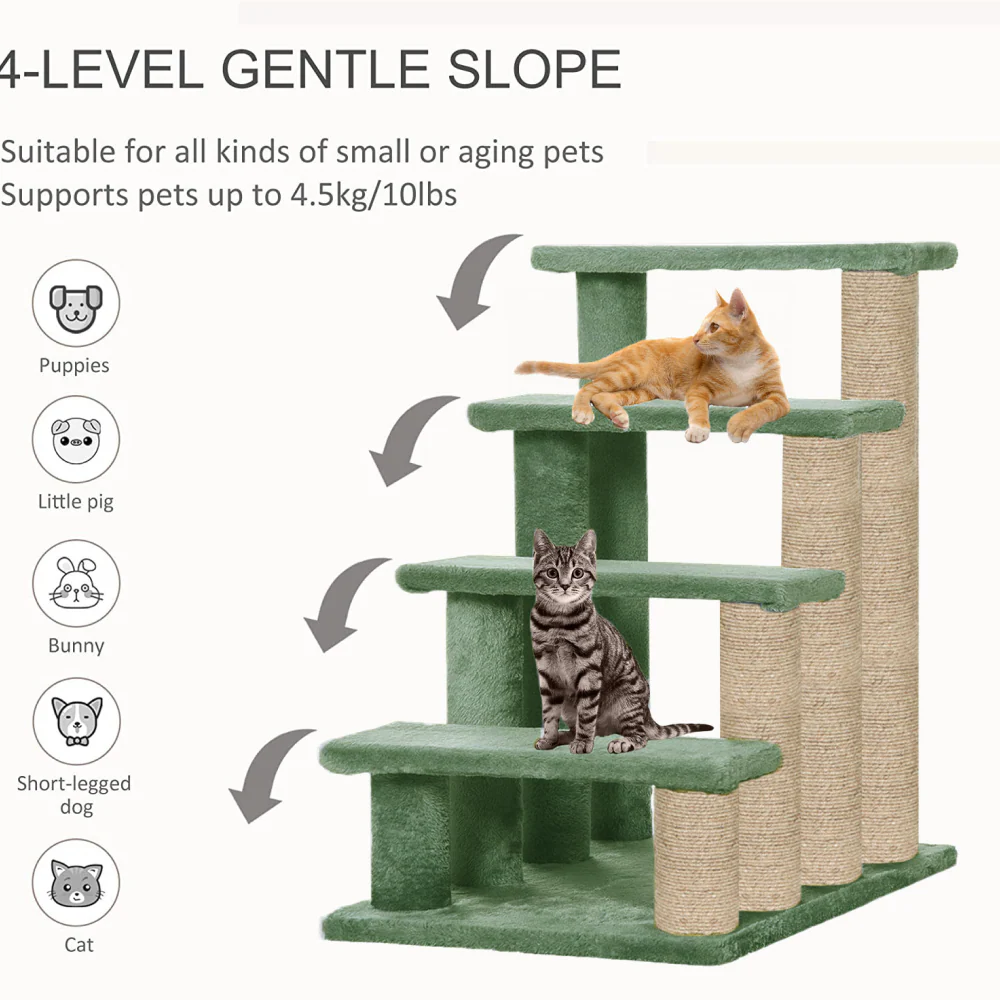 Furrlovers 4 Tier Stairs with Jute Scratching Posts and Plush Climbing Steps for Cats (Green) - Image 2