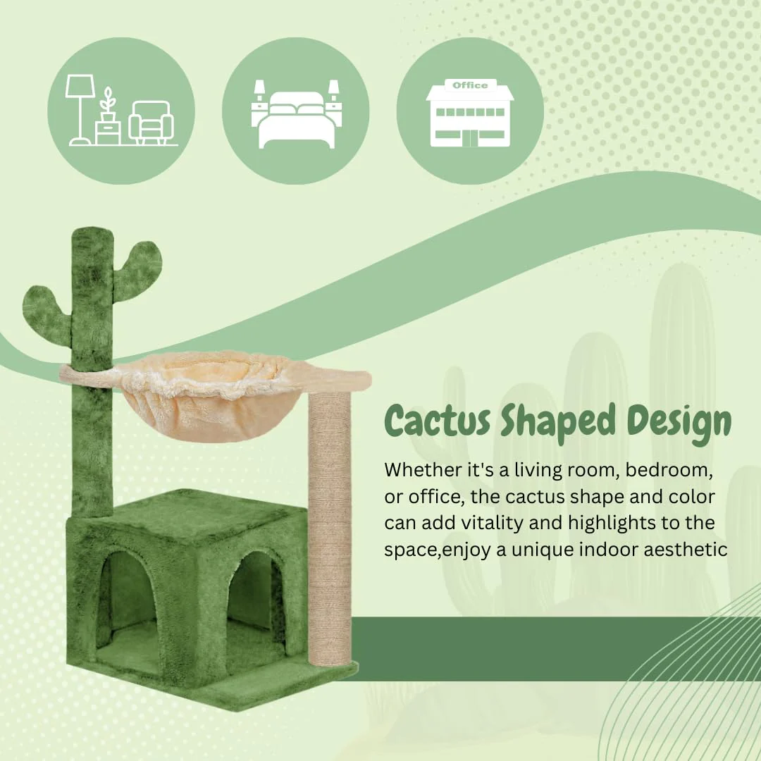Furrlovers Cactus Cat Tree with Condo Hammock & Scratching Post (Green) - Image 2