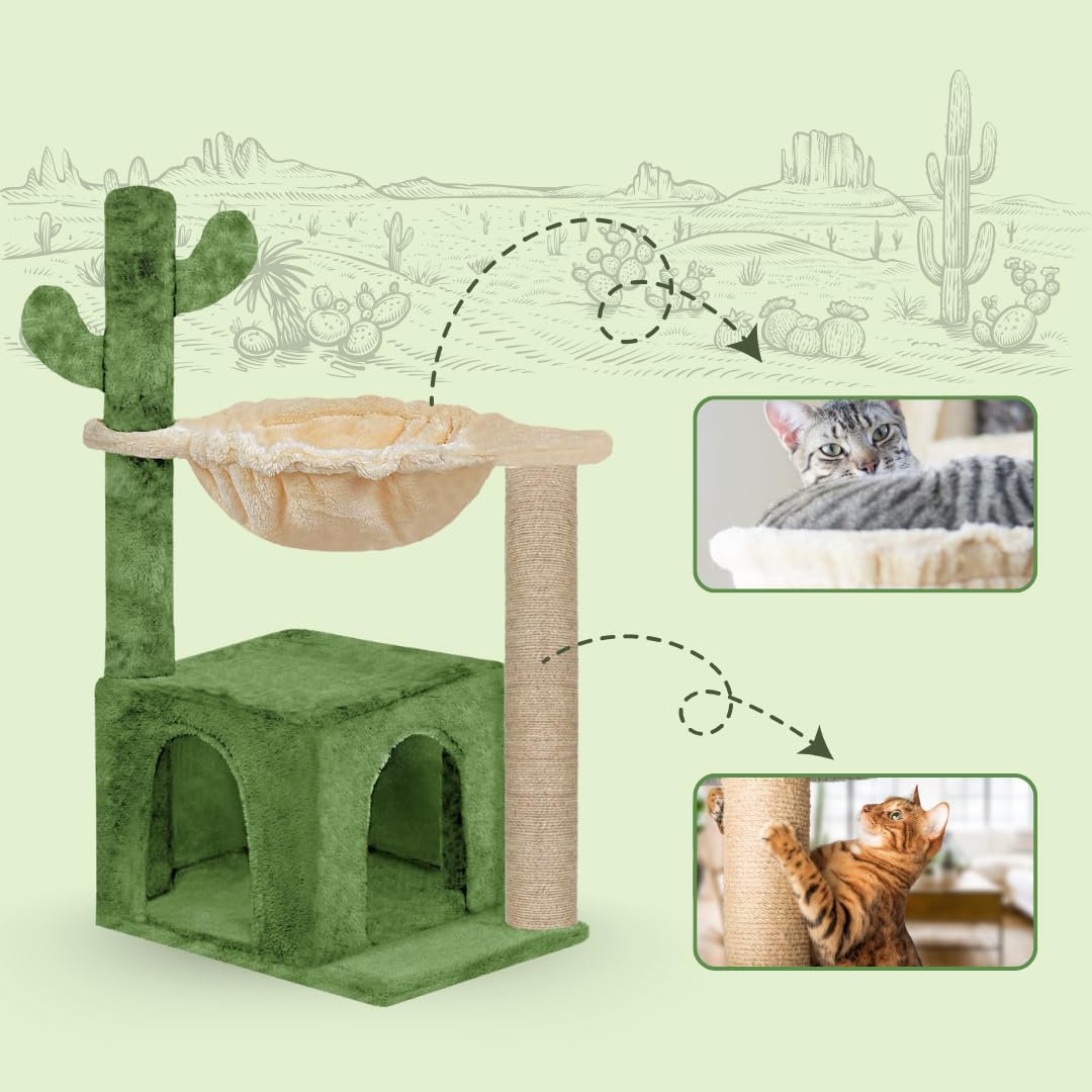 Furrlovers Cactus Cat Tree with Condo Hammock & Scratching Post (Green) - Image 4