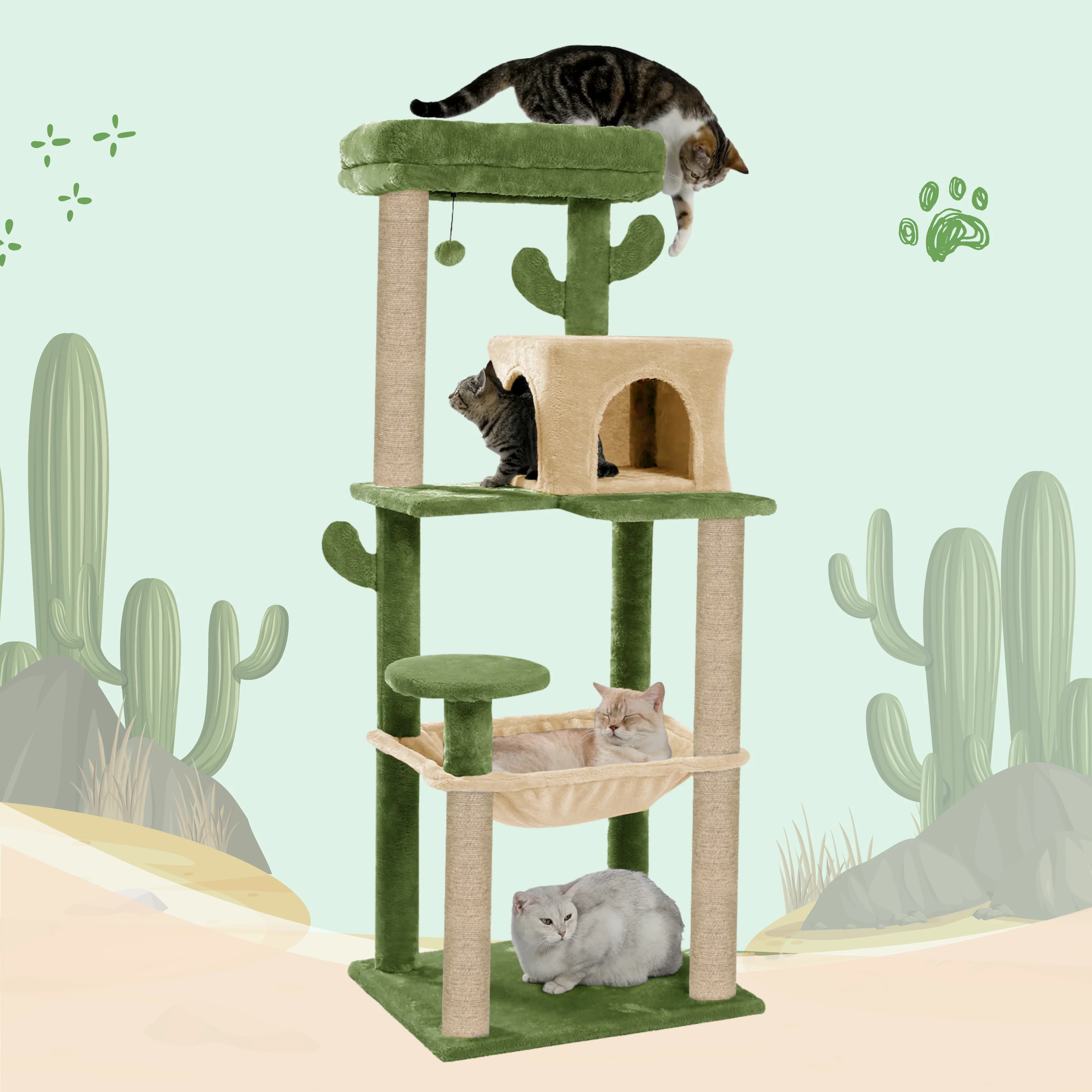 Furrlovers Cactus Multi Level Cat Tree with Condo Hammock Perch & Scratching Posts (Green) - Image 2