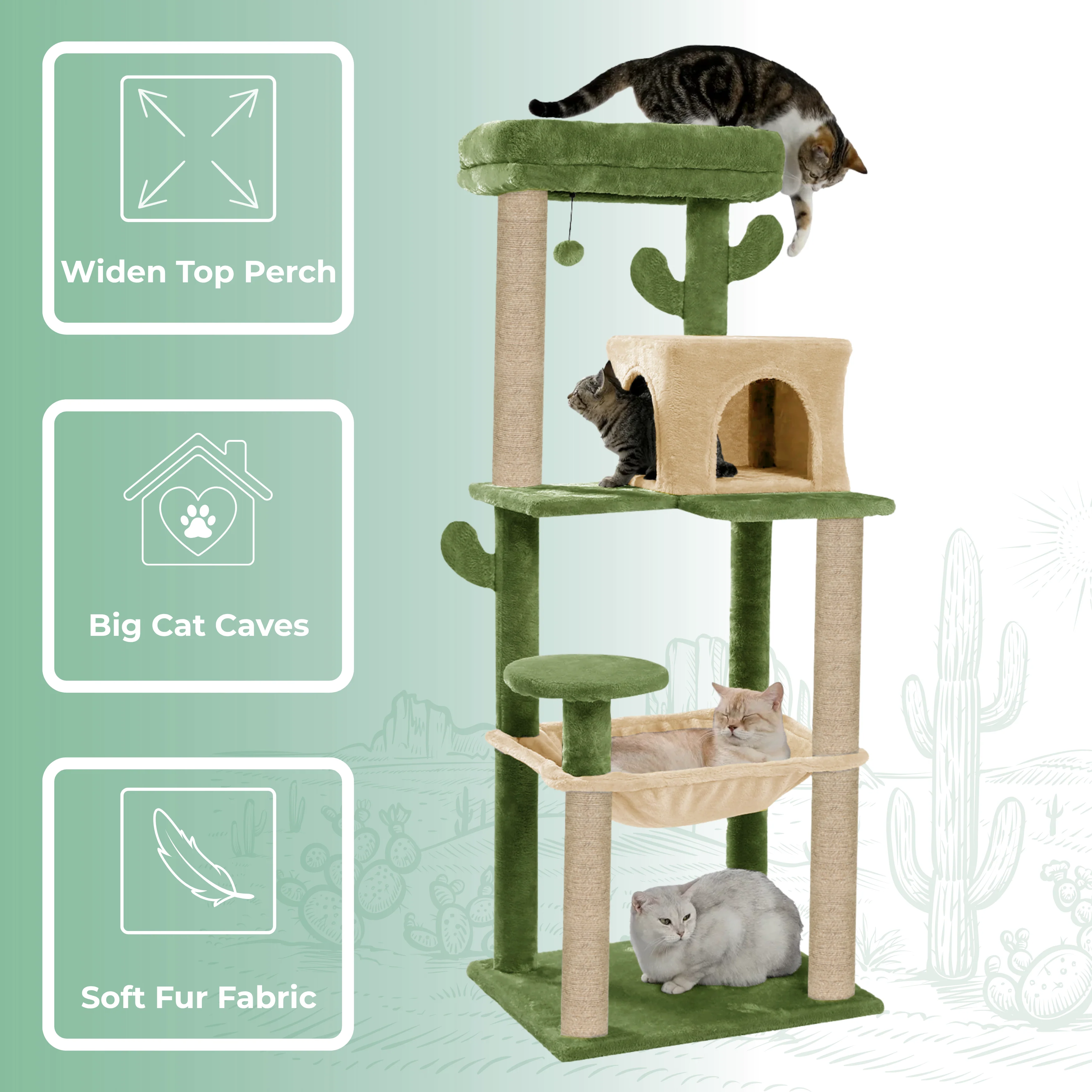 Furrlovers Cactus Multi Level Cat Tree with Condo Hammock Perch & Scratching Posts (Green) - Image 3