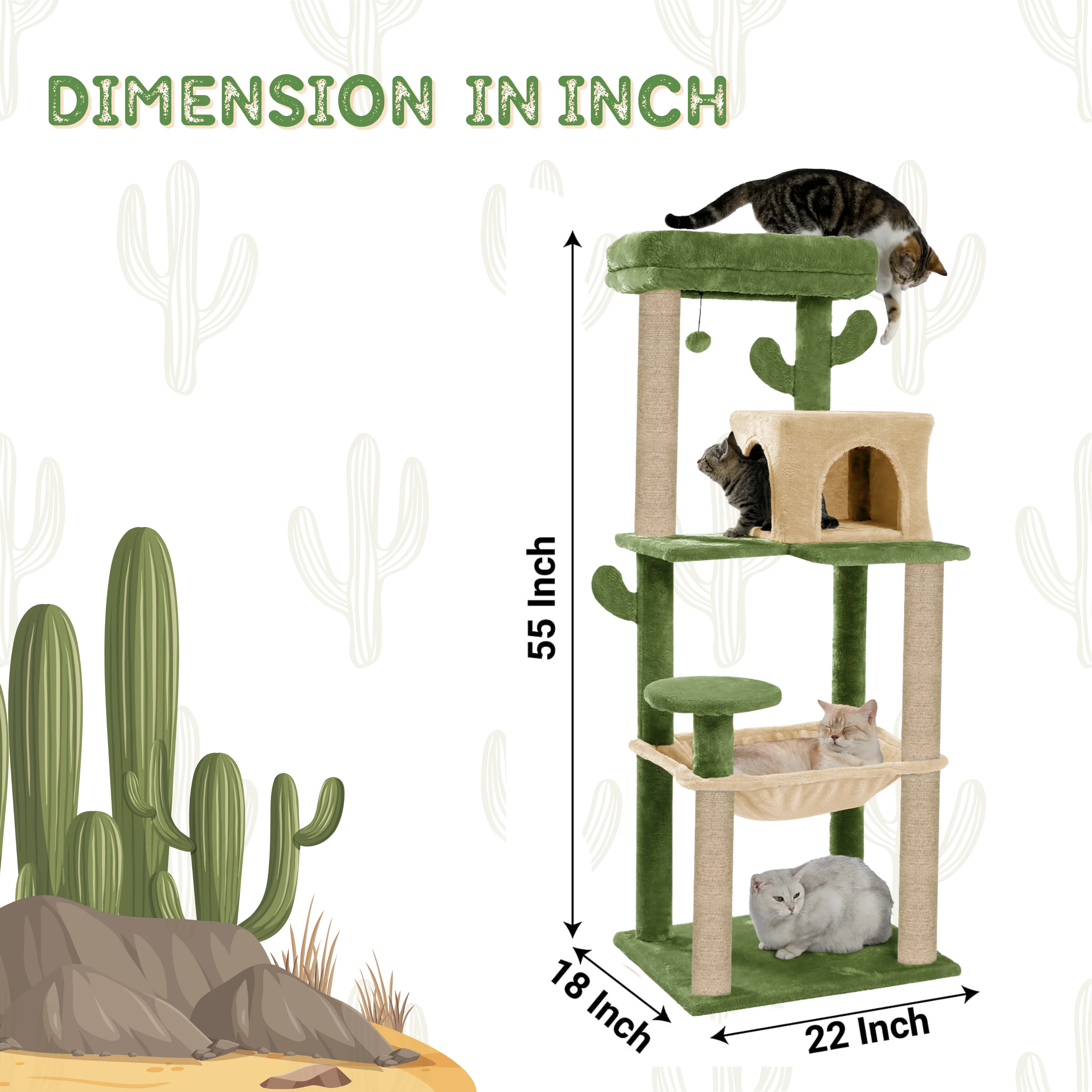 Furrlovers Cactus Multi Level Cat Tree with Condo Hammock Perch & Scratching Posts (Green) - Image 4