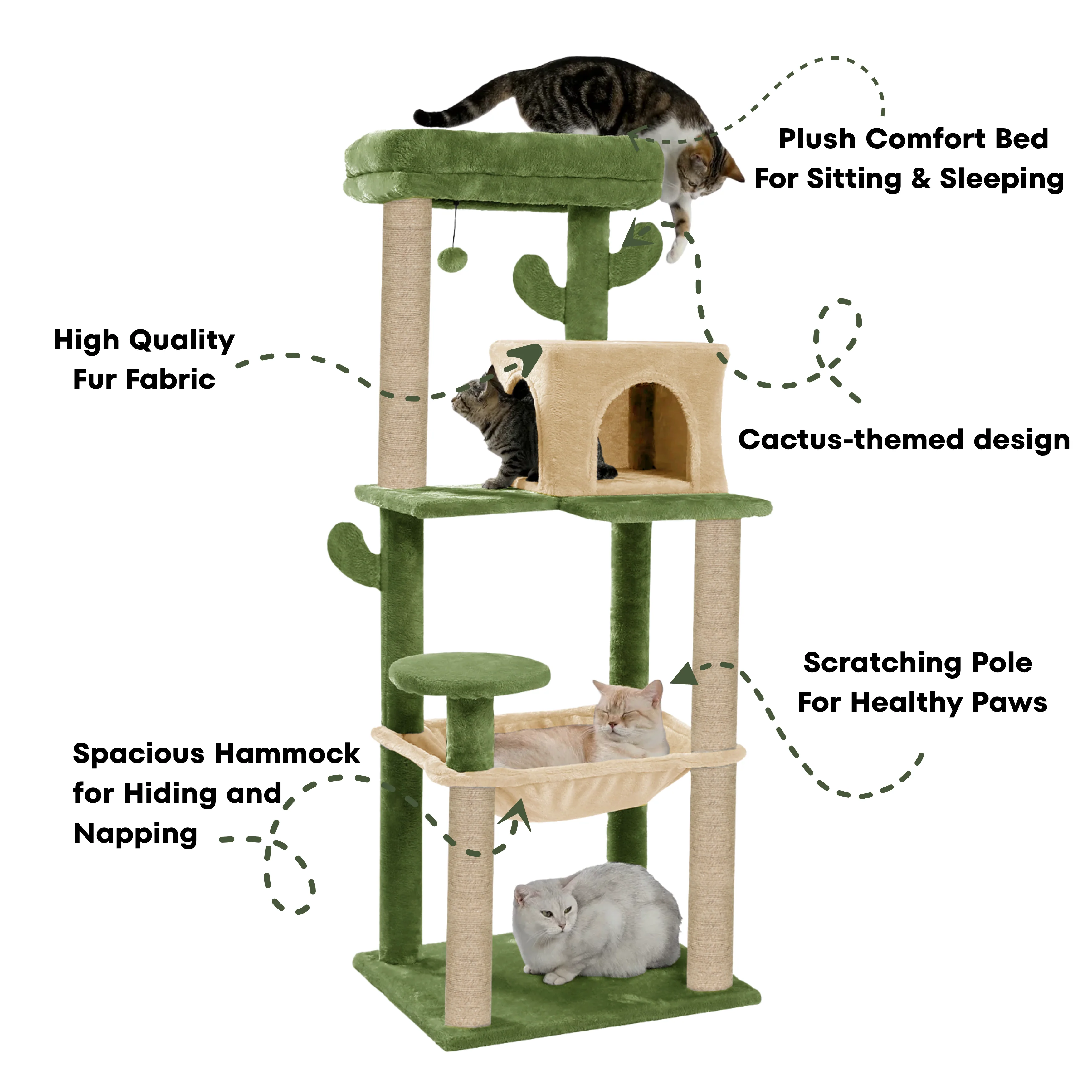 Furrlovers Cactus Multi Level Cat Tree with Condo Hammock Perch & Scratching Posts (Green) - Image 5