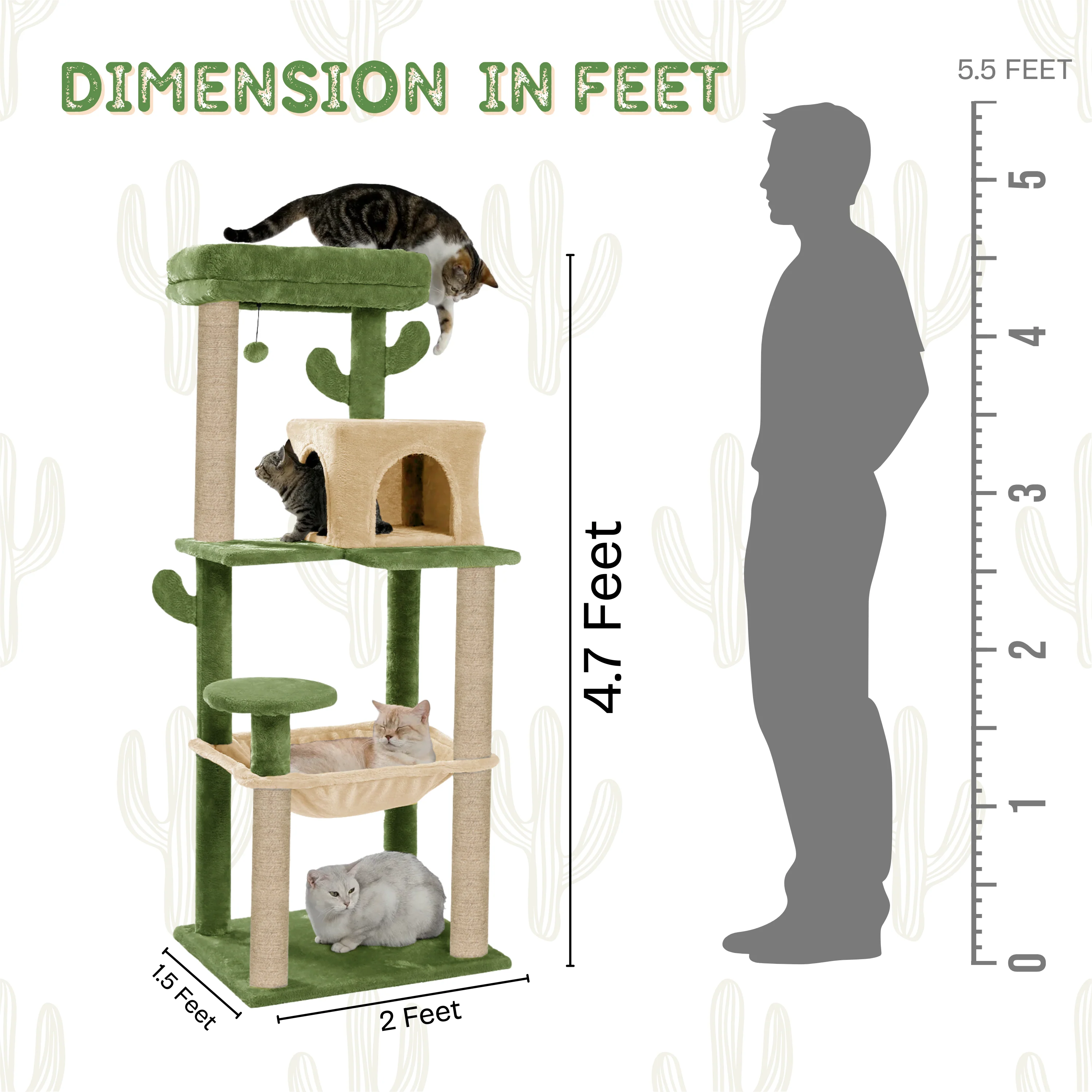 Furrlovers Cactus Multi Level Cat Tree with Condo Hammock Perch & Scratching Posts (Green) - Image 6