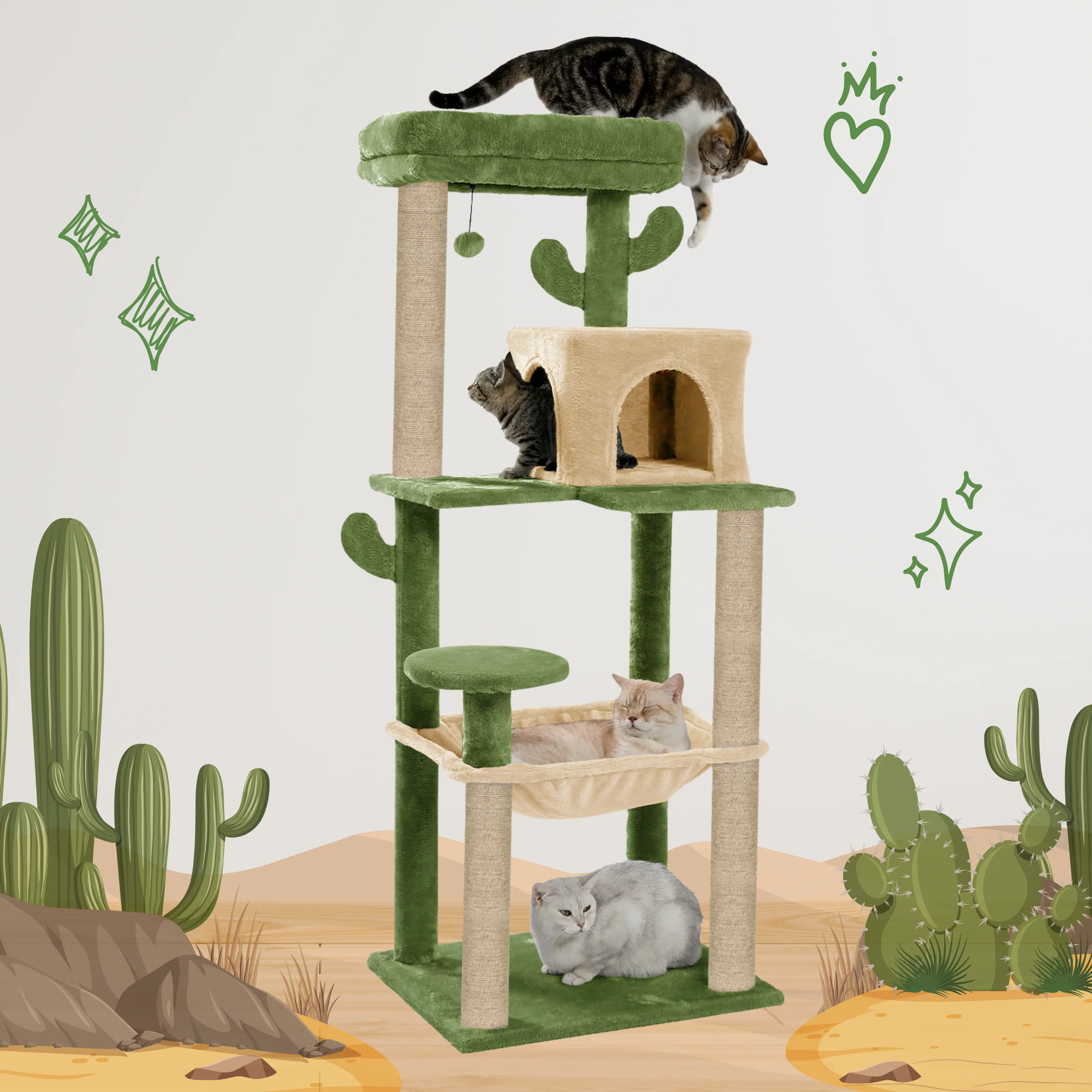 Furrlovers Cactus Multi Level Cat Tree with Condo Hammock Perch & Scratching Posts (Green) - Image 7