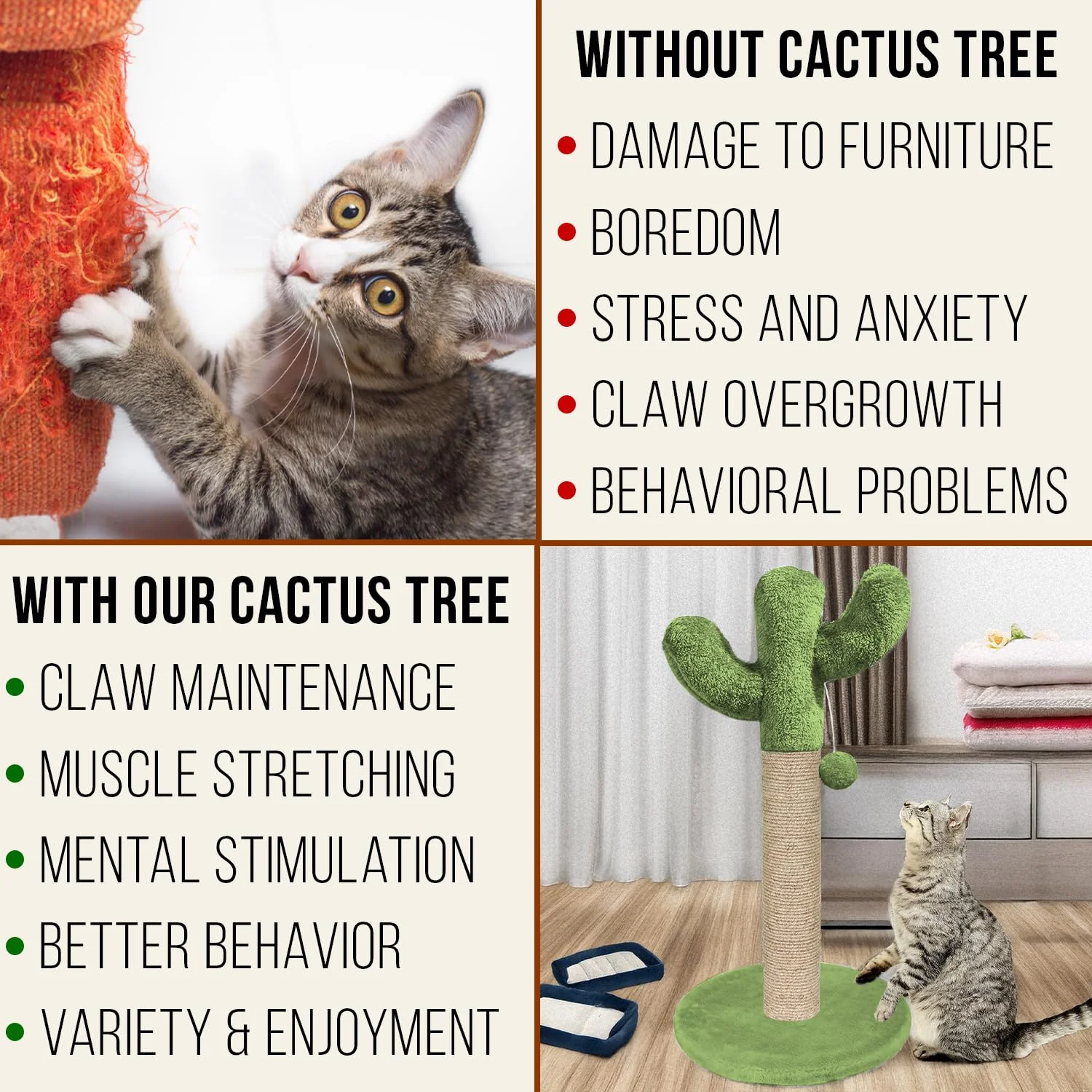 Furrlovers Cactus Scratching Post with Rope Wrapped Climbing Tower & Plush Top for Cats (Green) - Image 8