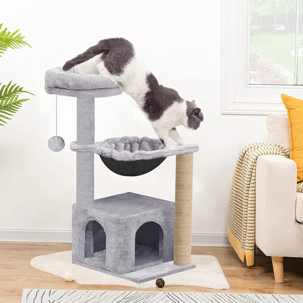 Furrlovers Cat Condo Activity Tree with Jute Scratcher, Hammock & Ball Toy (Grey) - Image 2