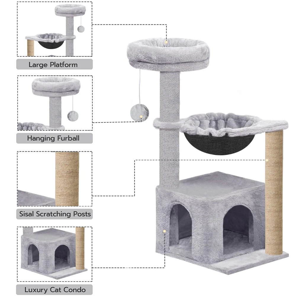 Furrlovers Cat Condo Activity Tree with Jute Scratcher, Hammock & Ball Toy (Grey) - Image 4