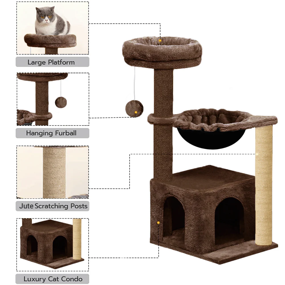 Furrlovers Cat Condo Activity Tree with Jute Scratcher, Hammock & Ball Toy (Brown) - Image 2
