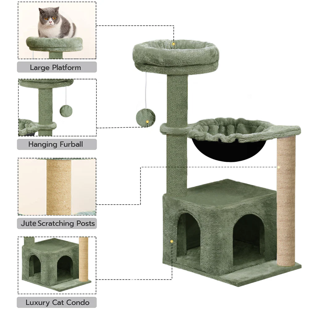 Furrlovers Cat Condo Activity Tree with Jute Scratcher, Hammock & Ball Toy (Green) - Image 2