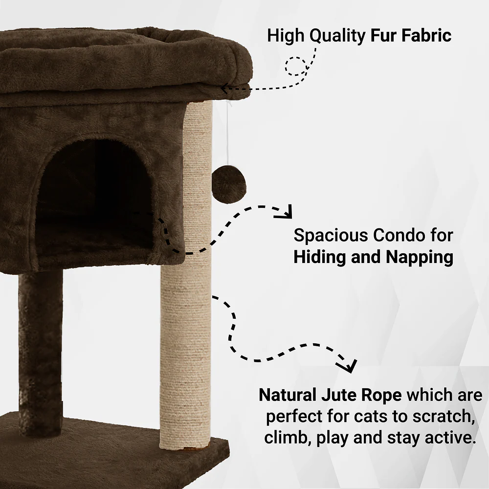 Furrlovers Cat & Kitten Scratching Post Activity Tree with Plush Fur, Jute Rope & Detachable Bed (Brown) - Image 2