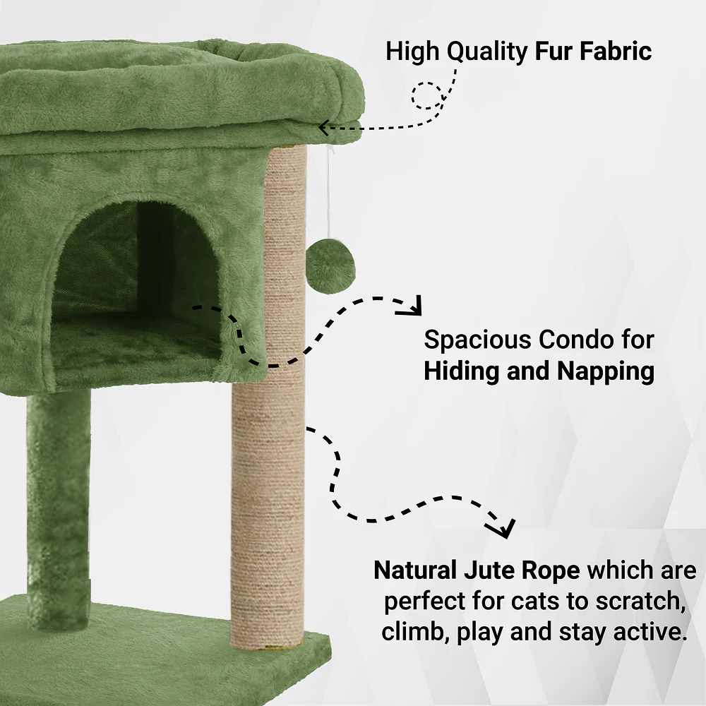 Furrlovers Cat & Kitten Scratching Post Activity Tree with Plush Fur, Jute Rope & Detachable Bed (Green) - Image 3