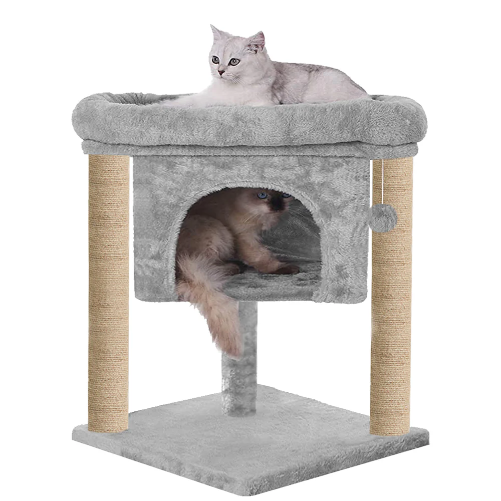 Furrlovers Cat & Kitten Scratching Post Activity Tree with Plush Fur, Jute Rope & Detachable Bed (Grey) - Image 2