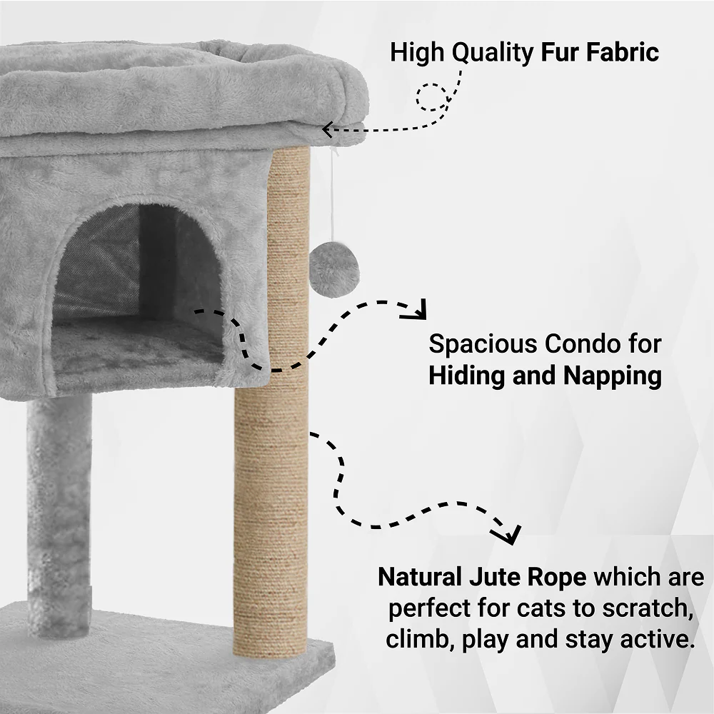 Furrlovers Cat & Kitten Scratching Post Activity Tree with Plush Fur, Jute Rope & Detachable Bed (Grey) - Image 7