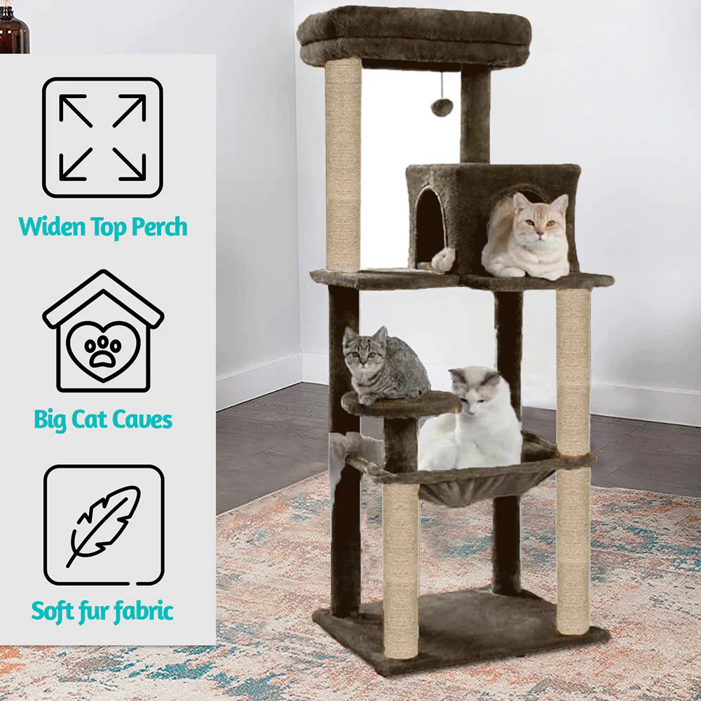 Furrlovers Cat Tree with Condo, Hammock, Hanging Ball & Jute Rope Scratching Posts (Brown) - Image 2