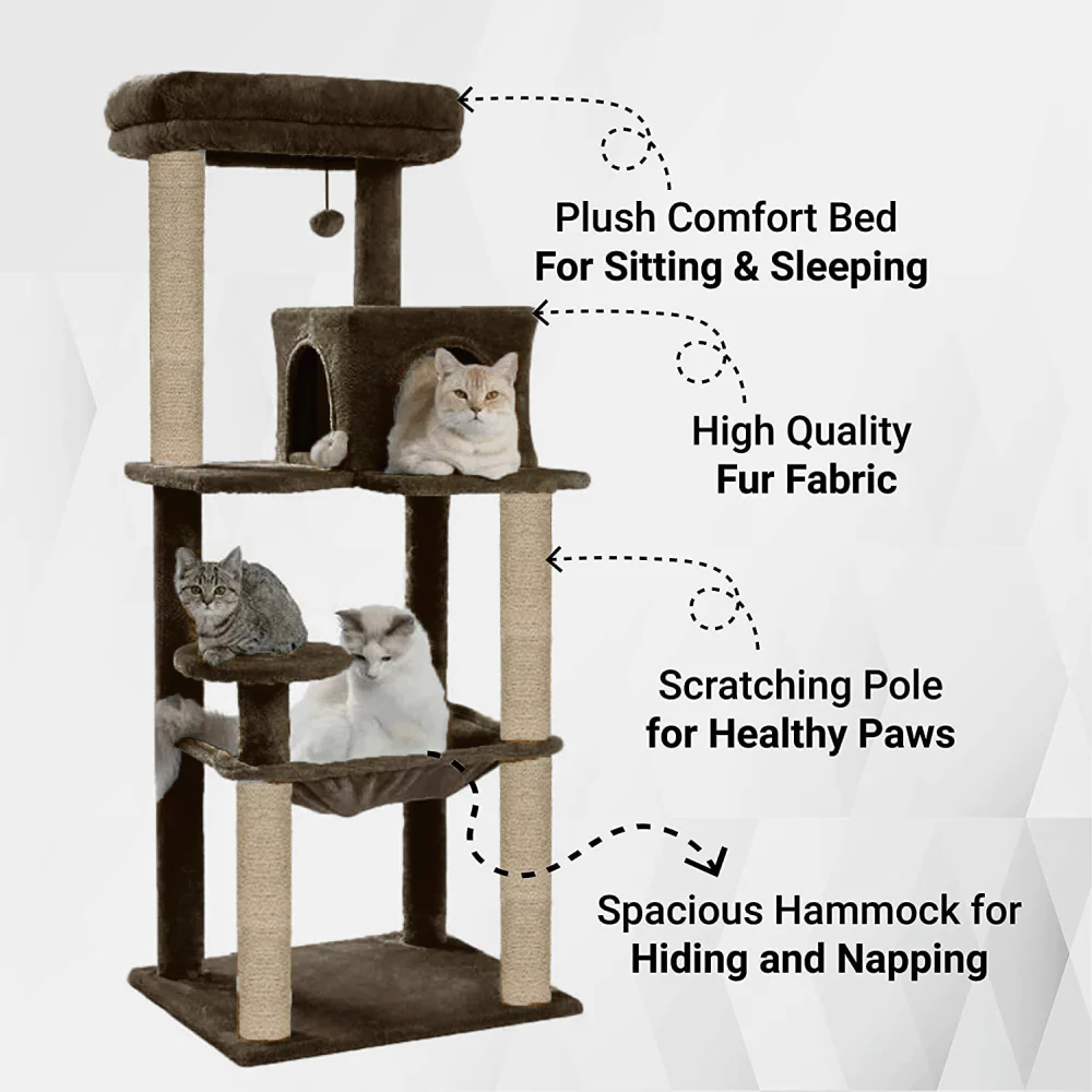 Furrlovers Cat Tree with Condo, Hammock, Hanging Ball & Jute Rope Scratching Posts (Brown) - Image 4