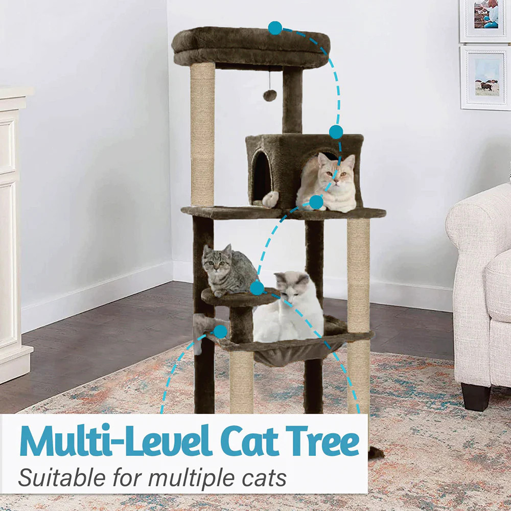 Furrlovers Cat Tree with Condo, Hammock, Hanging Ball & Jute Rope Scratching Posts (Brown) - Image 5