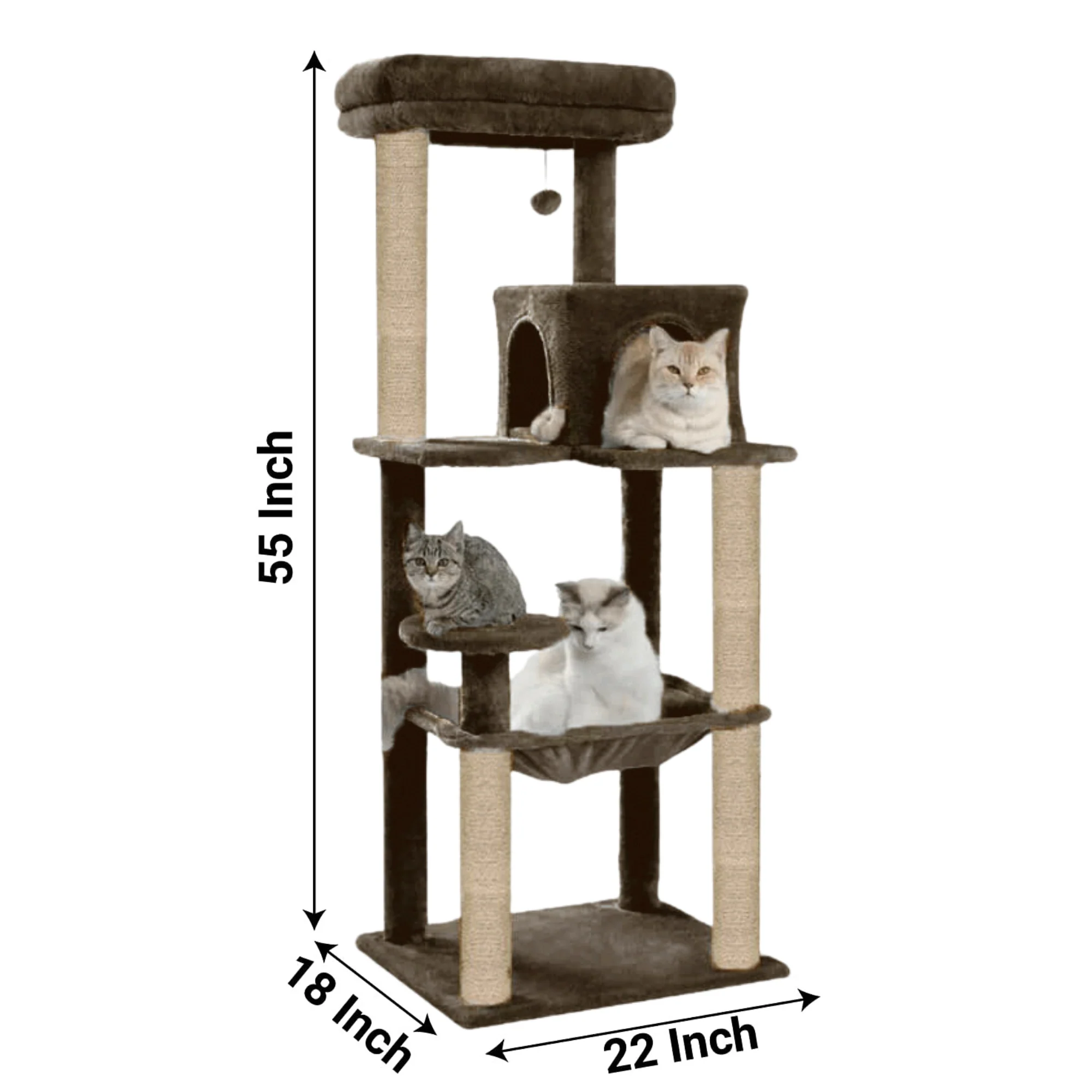 Furrlovers Cat Tree with Condo, Hammock, Hanging Ball & Jute Rope Scratching Posts (Brown) - Image 6