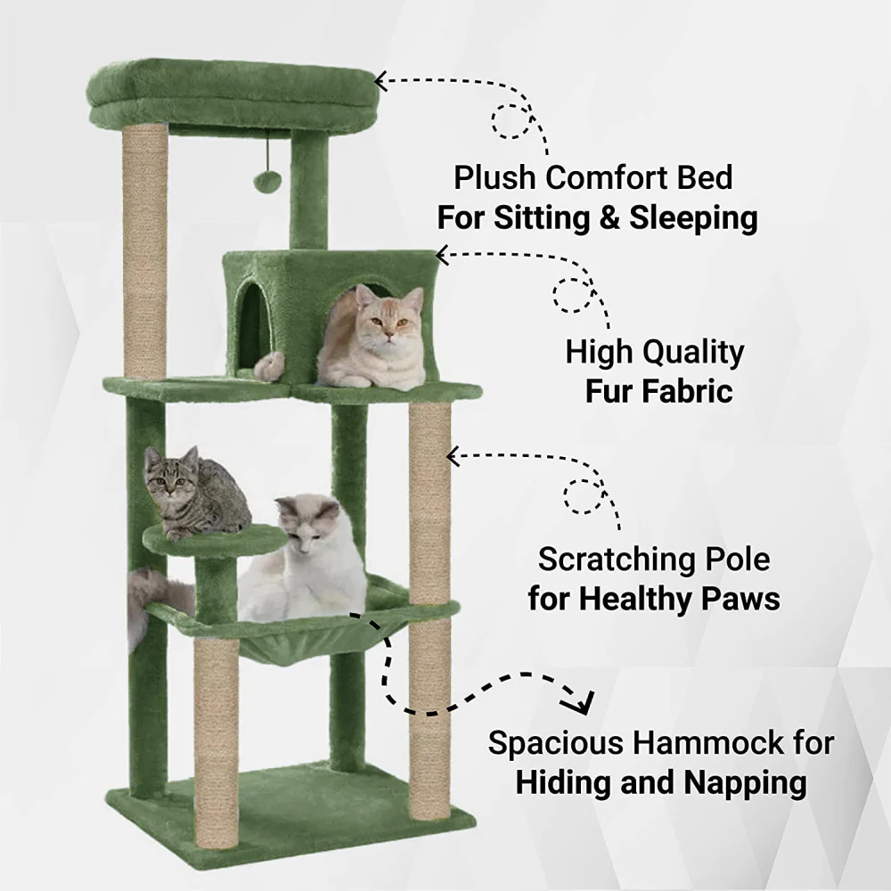 Furrlovers Cat Tree with Condo, Hammock, Hanging Ball & Jute Rope Scratching Posts (Green) - Image 2