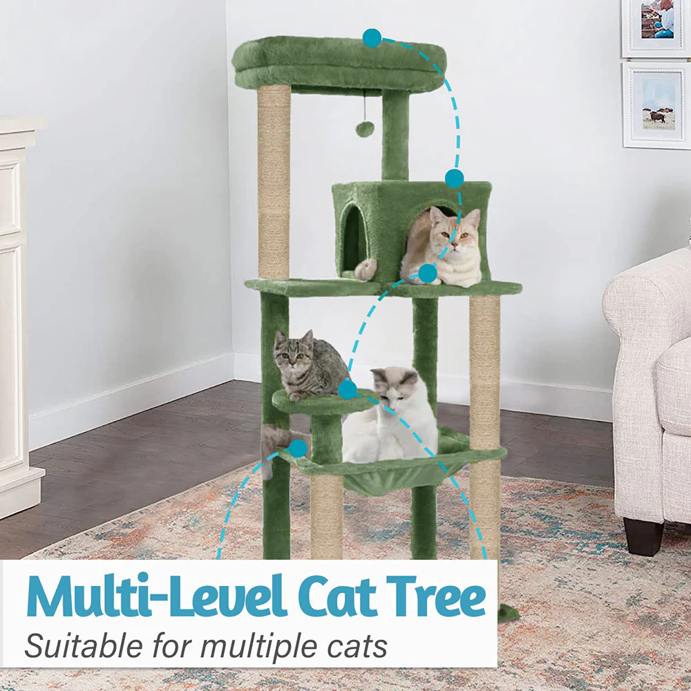 Furrlovers Cat Tree with Condo, Hammock, Hanging Ball & Jute Rope Scratching Posts (Green) - Image 3