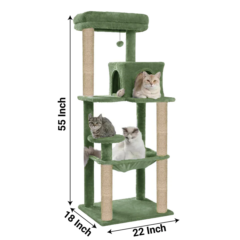 Furrlovers Cat Tree with Condo, Hammock, Hanging Ball & Jute Rope Scratching Posts (Green) - Image 6