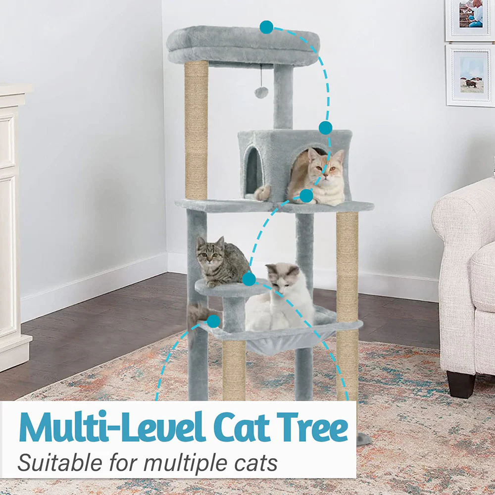 Furrlovers Cat Tree with Condo, Hammock, Hanging Ball & Jute Rope Scratching Posts (Grey) - Image 2