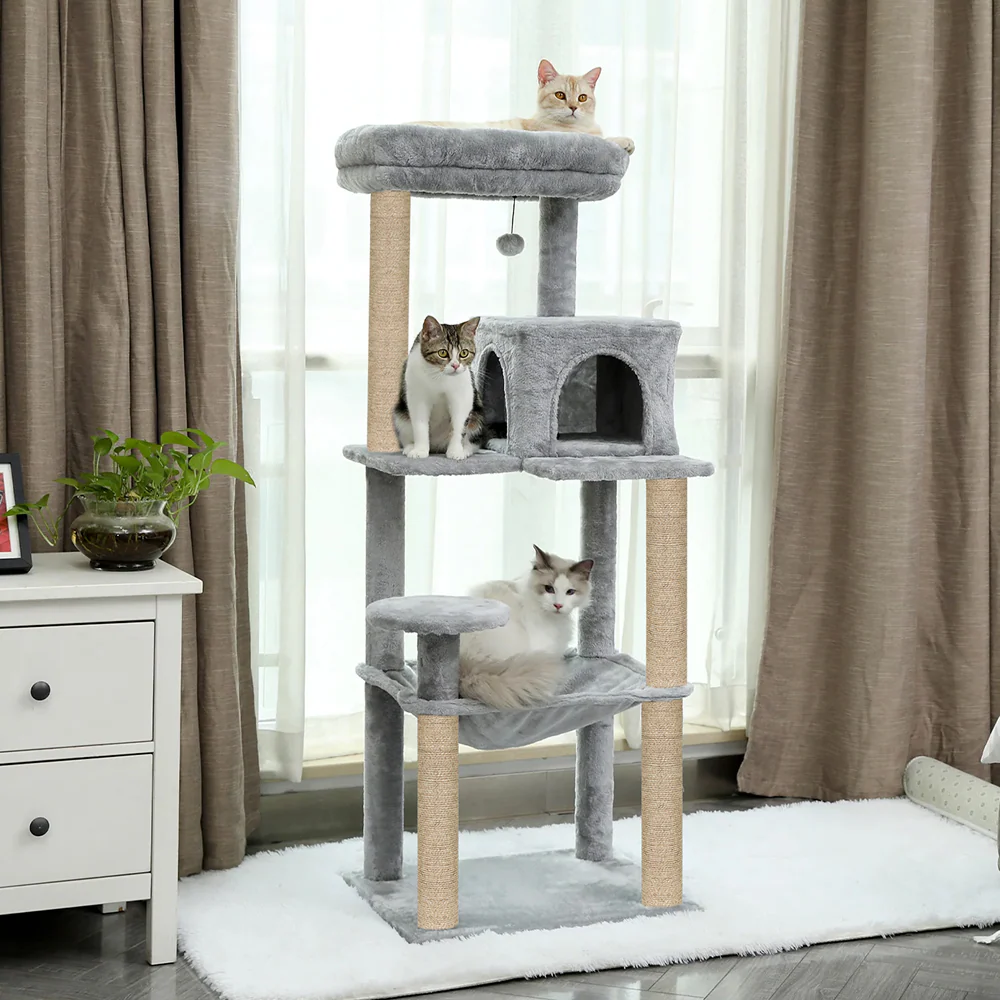 Furrlovers Cat Tree with Condo, Hammock, Hanging Ball & Jute Rope Scratching Posts (Grey) - Image 3