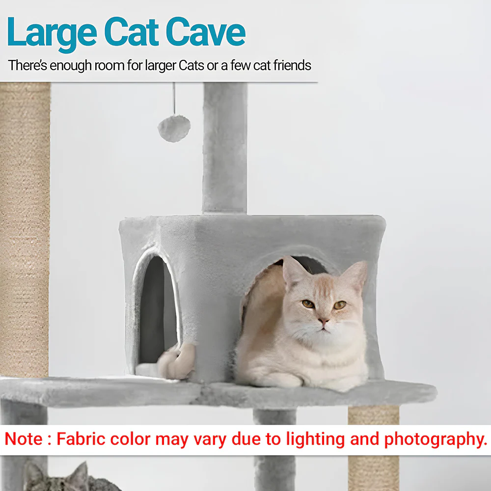 Furrlovers Cat Tree with Condo, Hammock, Hanging Ball & Jute Rope Scratching Posts (Grey) - Image 4