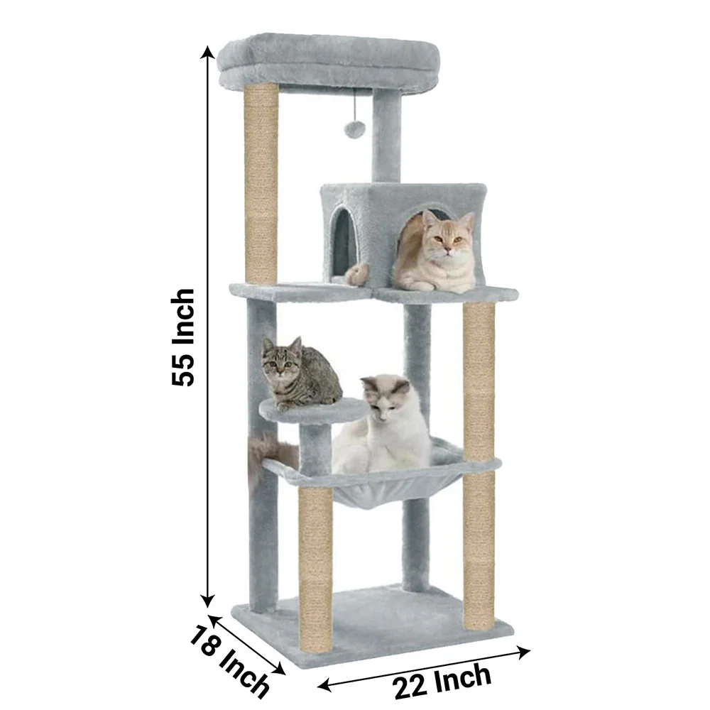 Furrlovers Cat Tree with Condo, Hammock, Hanging Ball & Jute Rope Scratching Posts (Grey) - Image 5