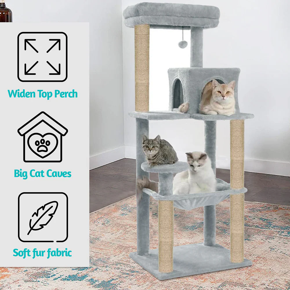 Furrlovers Cat Tree with Condo, Hammock, Hanging Ball & Jute Rope Scratching Posts (Grey) - Image 6
