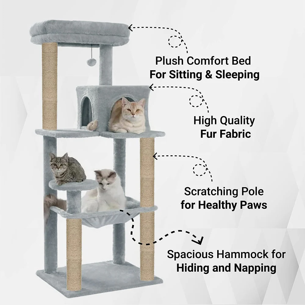 Furrlovers Cat Tree with Condo, Hammock, Hanging Ball & Jute Rope Scratching Posts (Grey) - Image 7