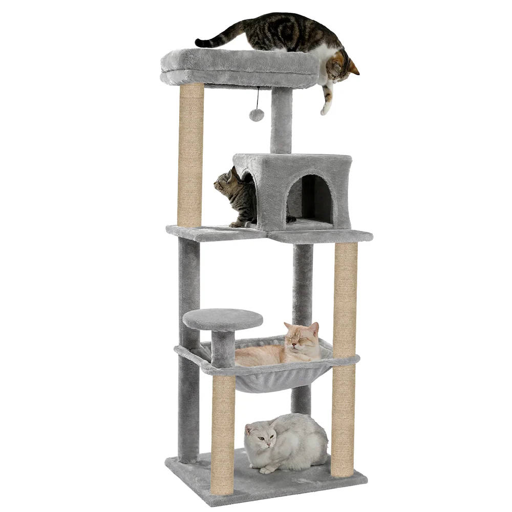 Furrlovers Cat Tree with Condo, Hammock, Hanging Ball & Jute Rope Scratching Posts (Grey) - Image 8