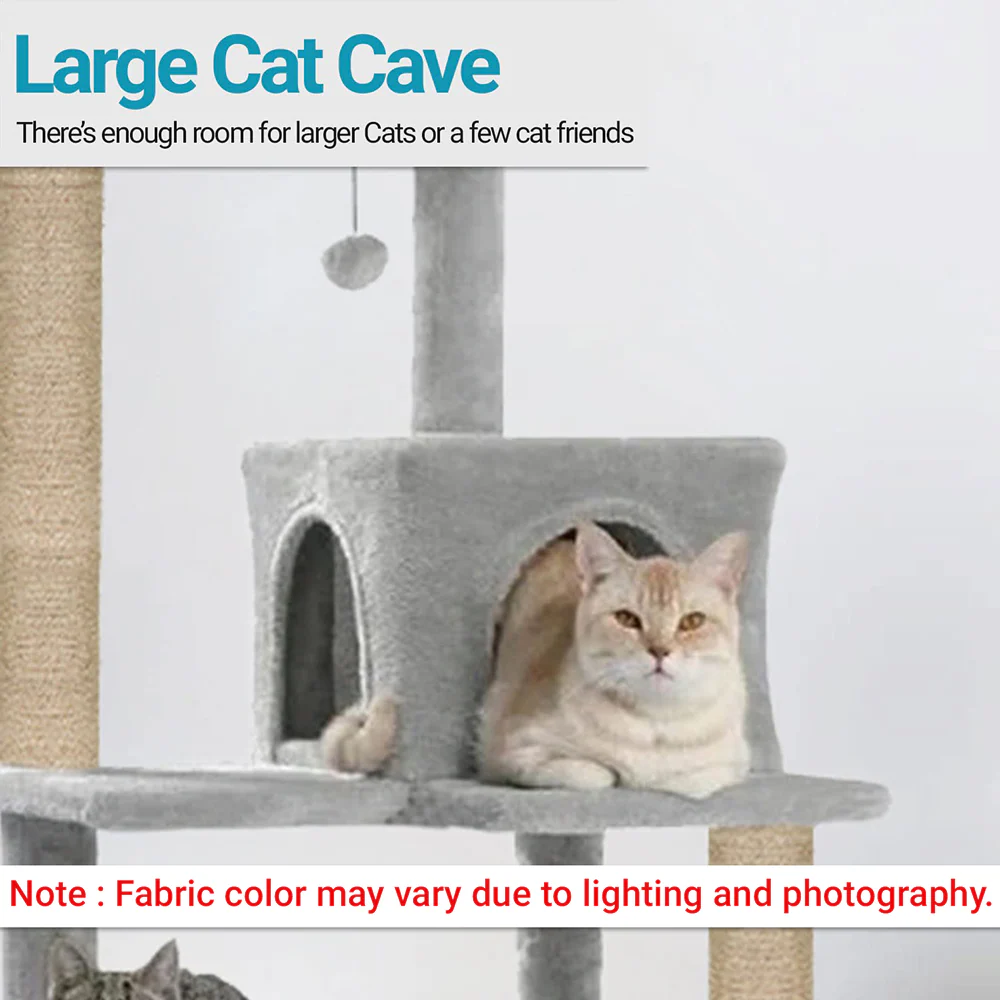 Furrlovers Cat Tree with Condo, Hammock, Hanging Ball & Jute Rope Scratching Posts (Grey) - Image 9