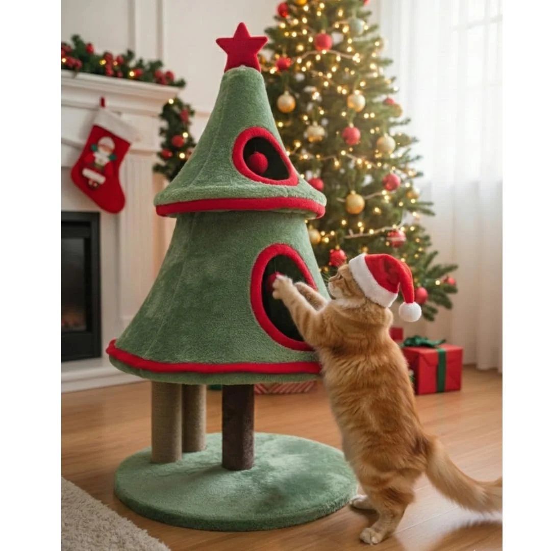 Furrlovers Christmas Tree Cat Scratching Post with Plush Condo & Dual Scratching Columns (Green) - Image 2