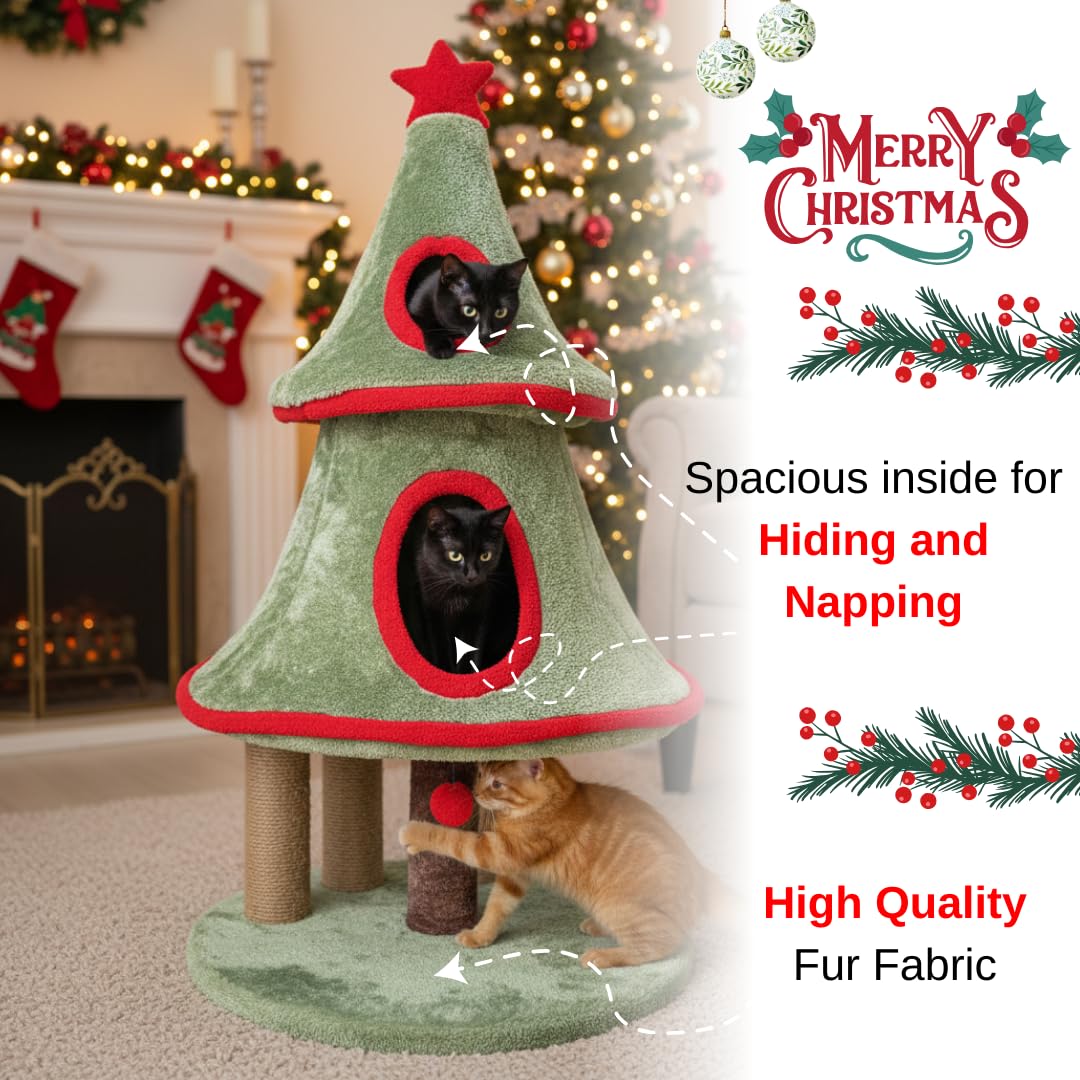 Furrlovers Christmas Tree Cat Scratching Post with Plush Condo & Dual Scratching Columns (Green) - Image 3