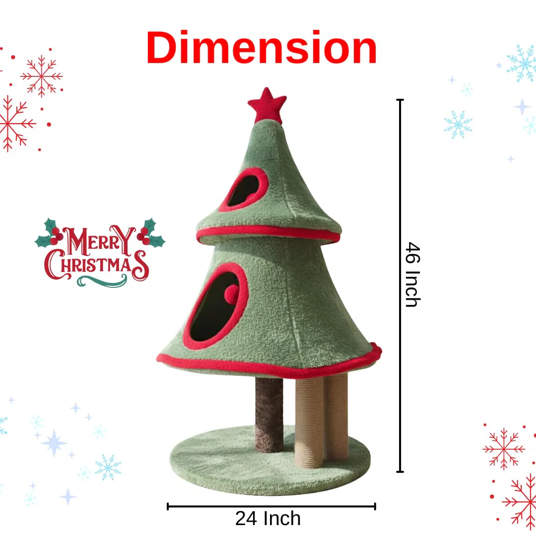 Furrlovers Christmas Tree Cat Scratching Post with Plush Condo & Dual Scratching Columns (Green) - Image 4