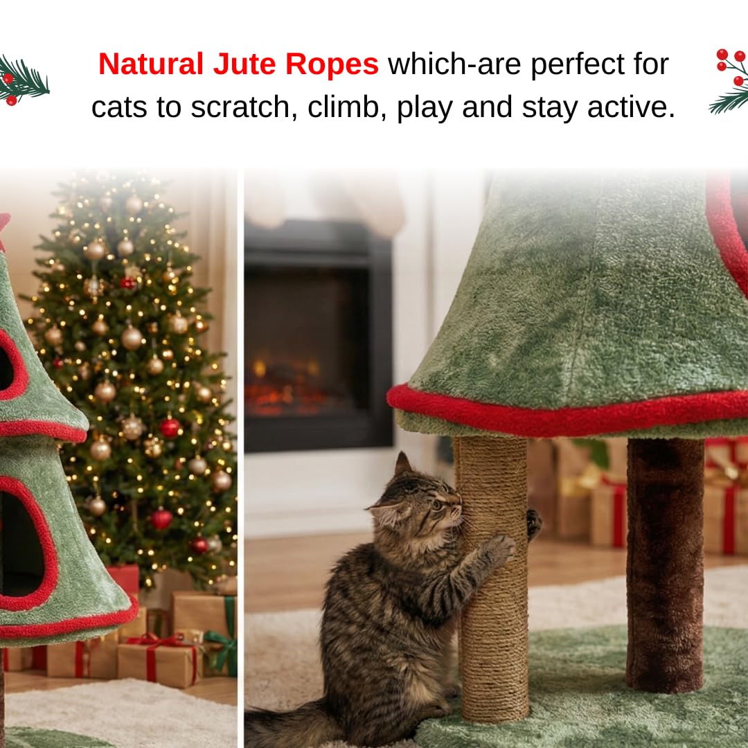 Furrlovers Christmas Tree Cat Scratching Post with Plush Condo & Dual Scratching Columns (Green) - Image 5