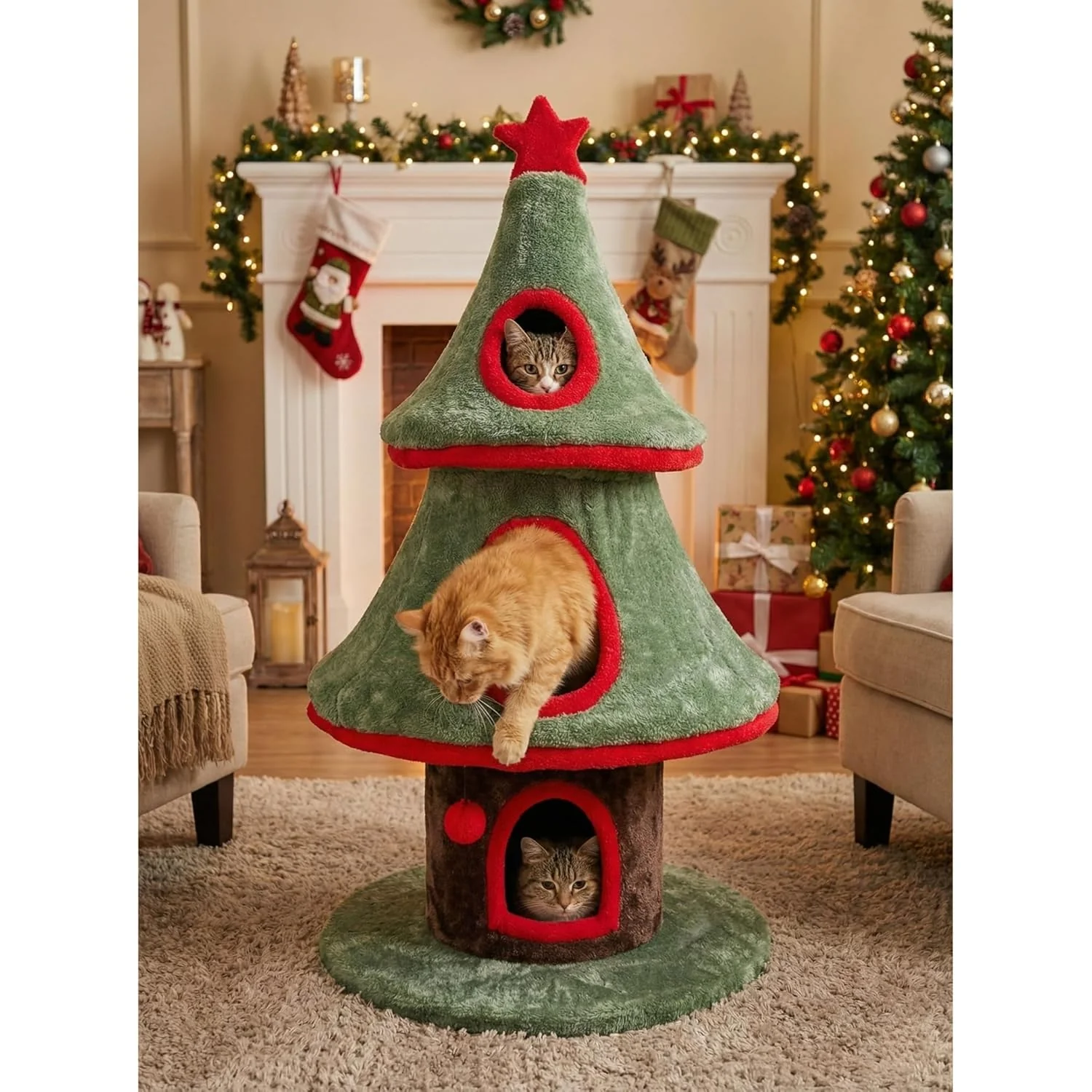 Furrlovers Christmas Tree Multi Level Cat Tower with Condo Hideouts & Scratching Posts(Green) - Image 3