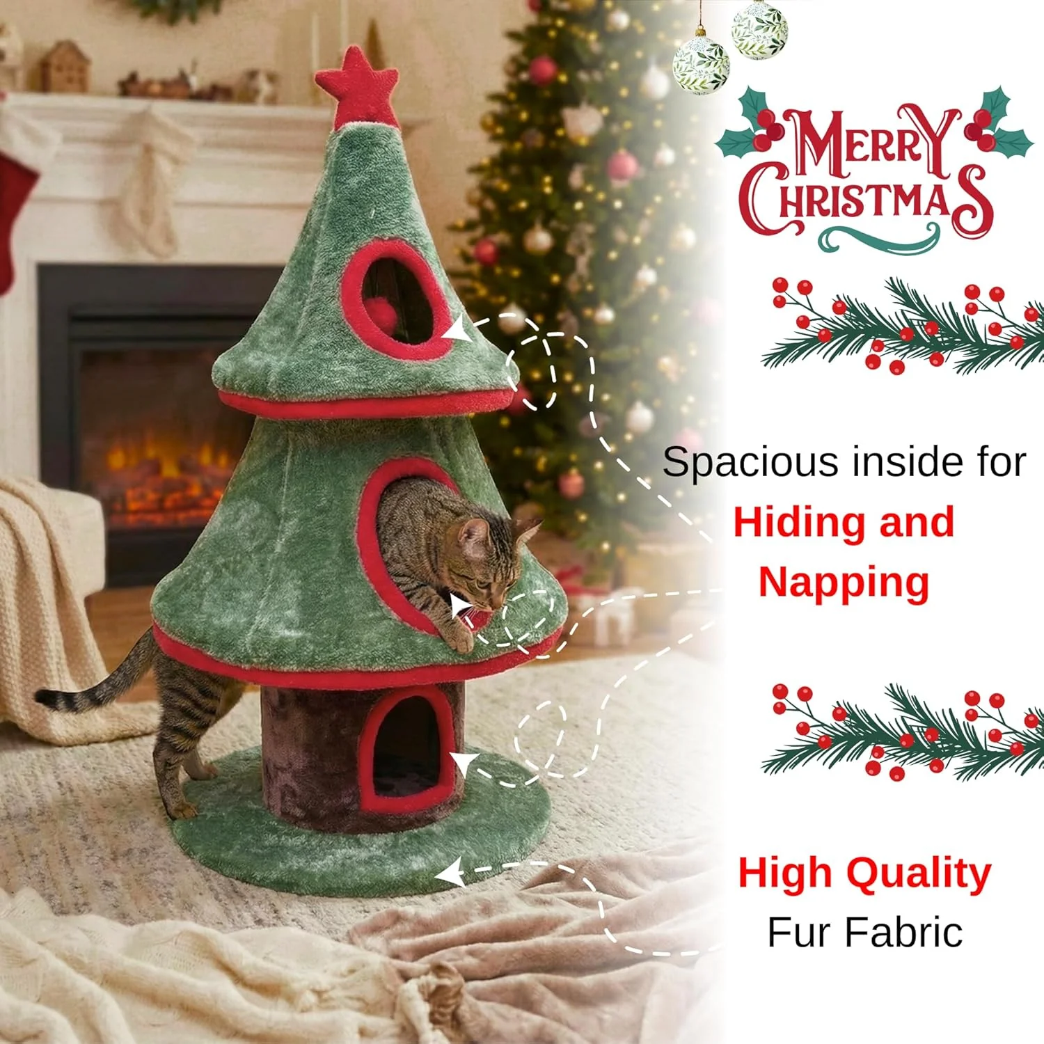 Furrlovers Christmas Tree Multi Level Cat Tower with Condo Hideouts & Scratching Posts(Green) - Image 4